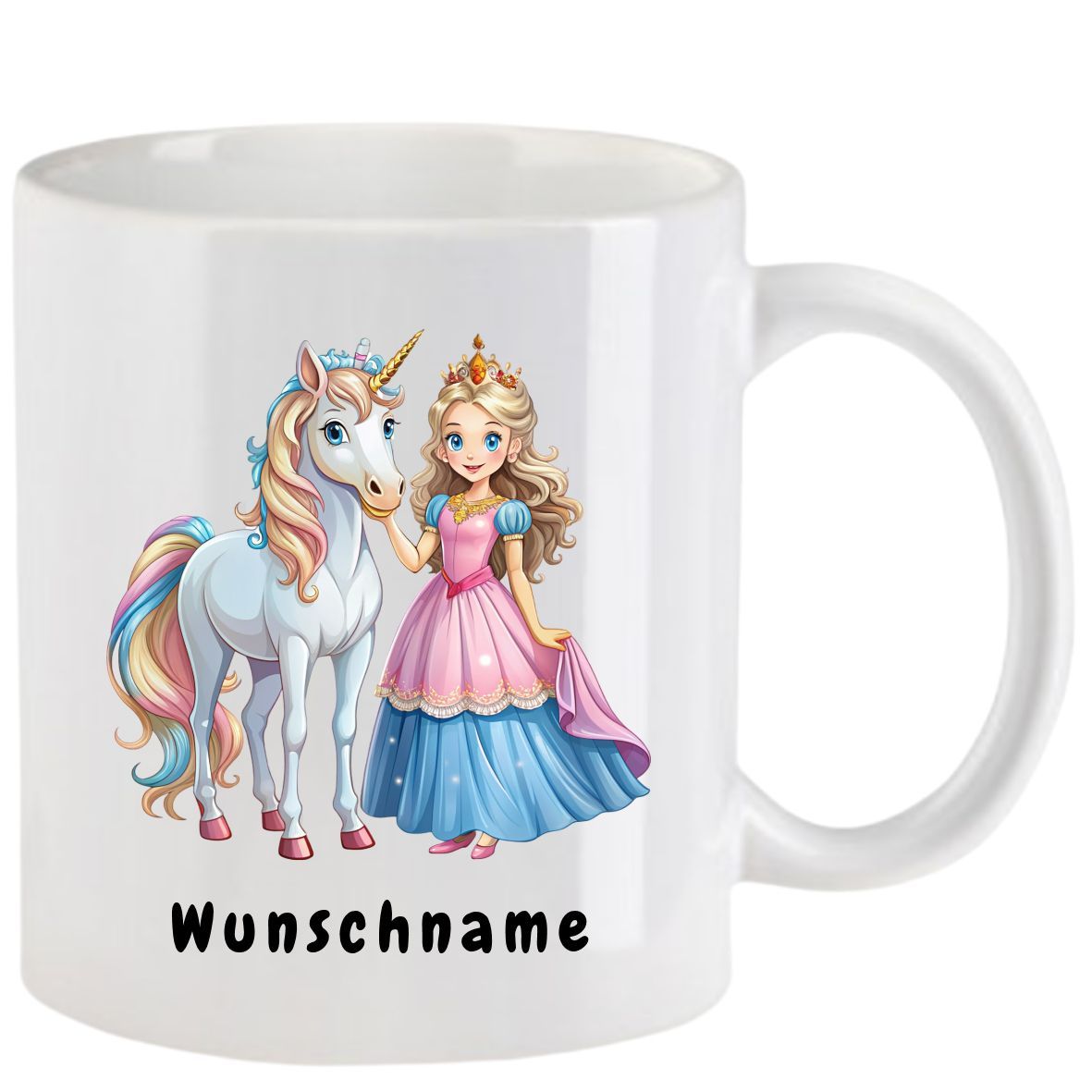Weißer Becher mit Abbildung einer Prinzessin und eines Einhorns. Text auf dem Becher:
