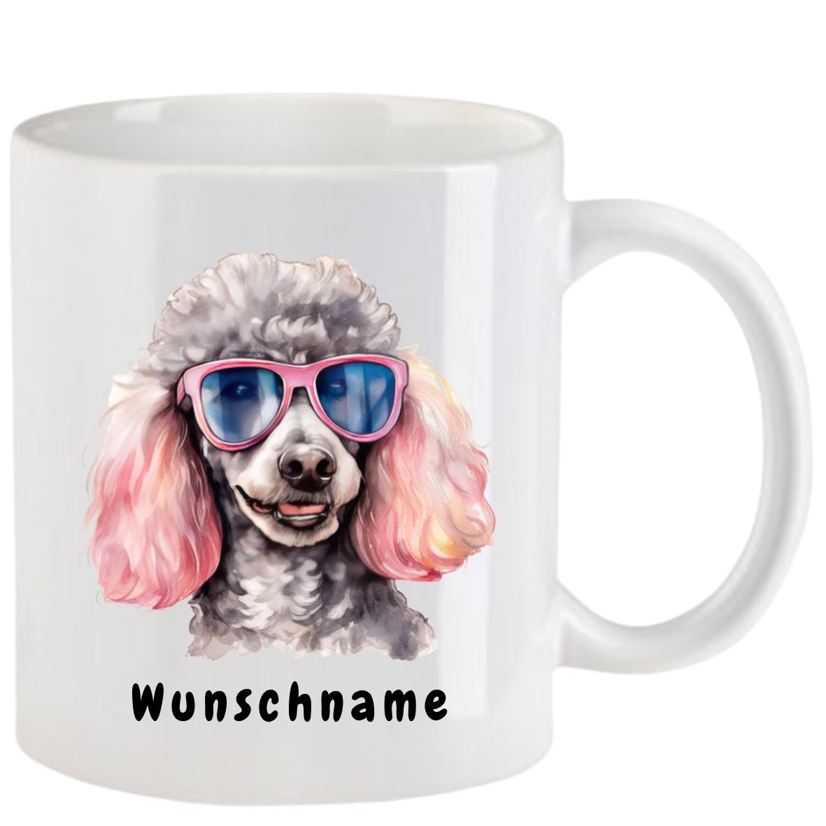 Weißer Becher mit einem Pudel, der eine rosa Sonnenbrille trägt. Auf dem Text steht „Wunschname“.