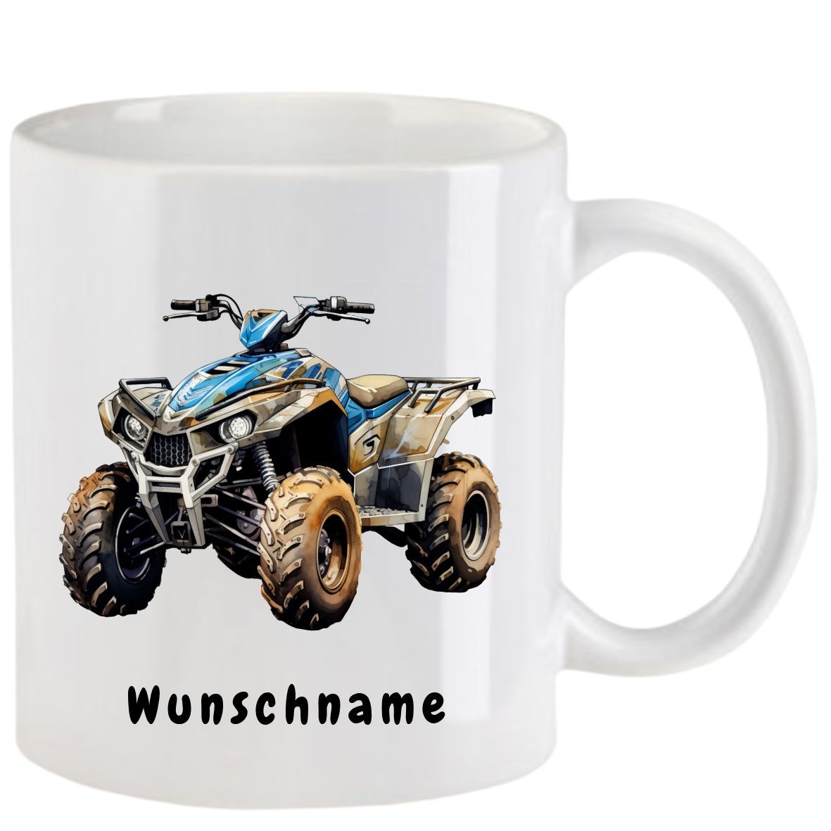 Weißer Becher mit einem blau-braunen ATV-Motiv und dem Wort „Wunschname“.