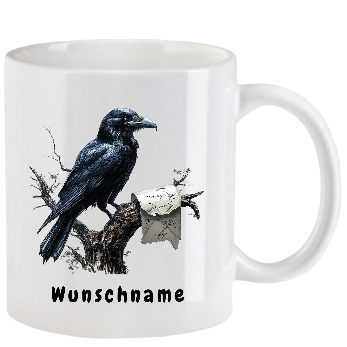 Weißer Becher mit einem schwarzen Raben, der auf einem Ast sitzt und ein Blatt Papier mit der Aufschrift „Wunschname“ hält.