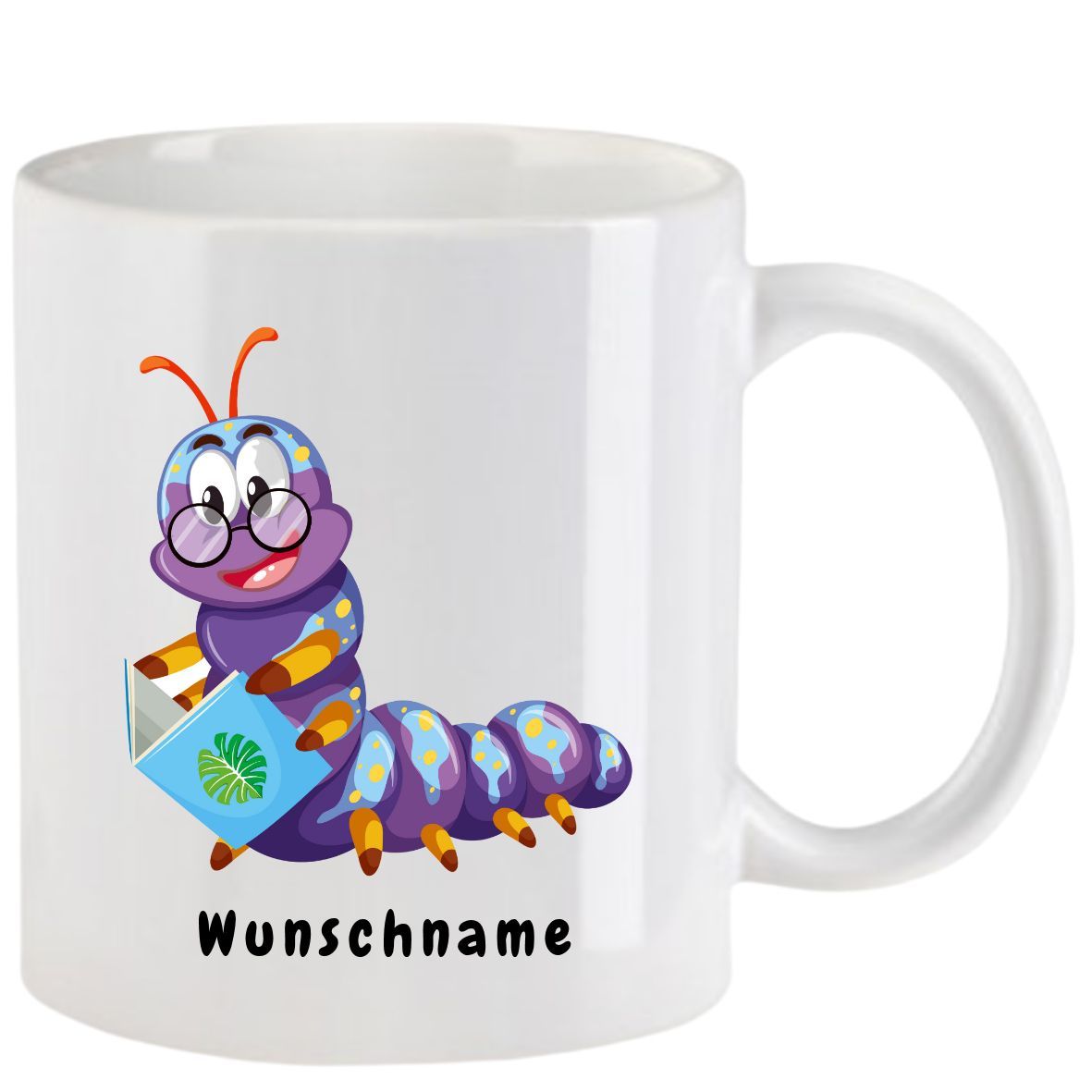 Weißer Becher mit einer Comic-Raupe, die ein Buch liest; Text 