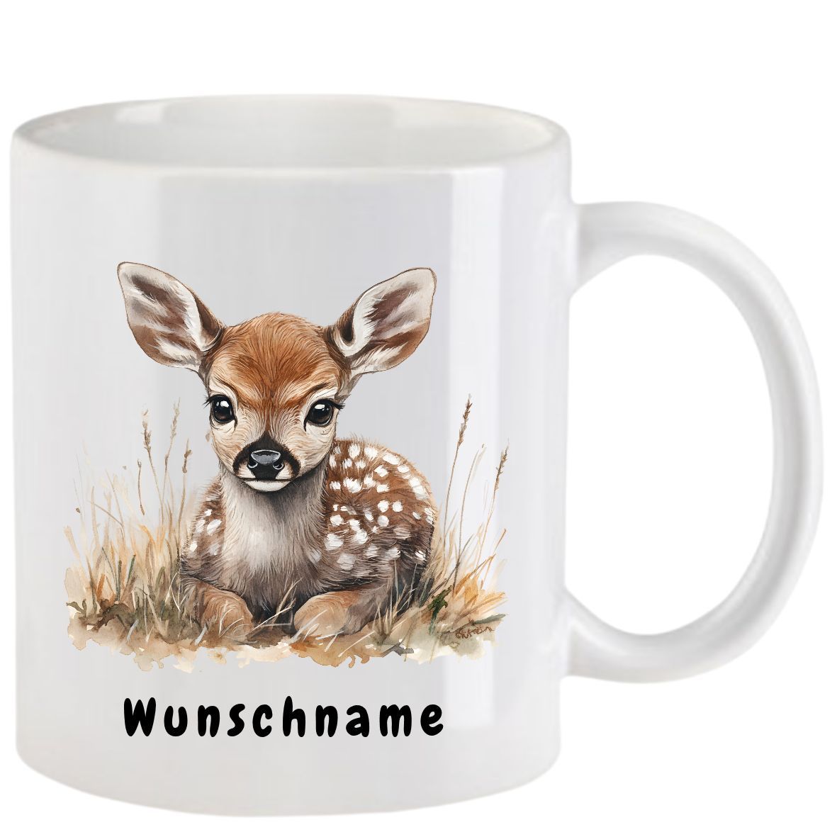 Weißer Becher mit Abbildung eines Rehkitzes im Gras, Aufschrift „Wunschname“.