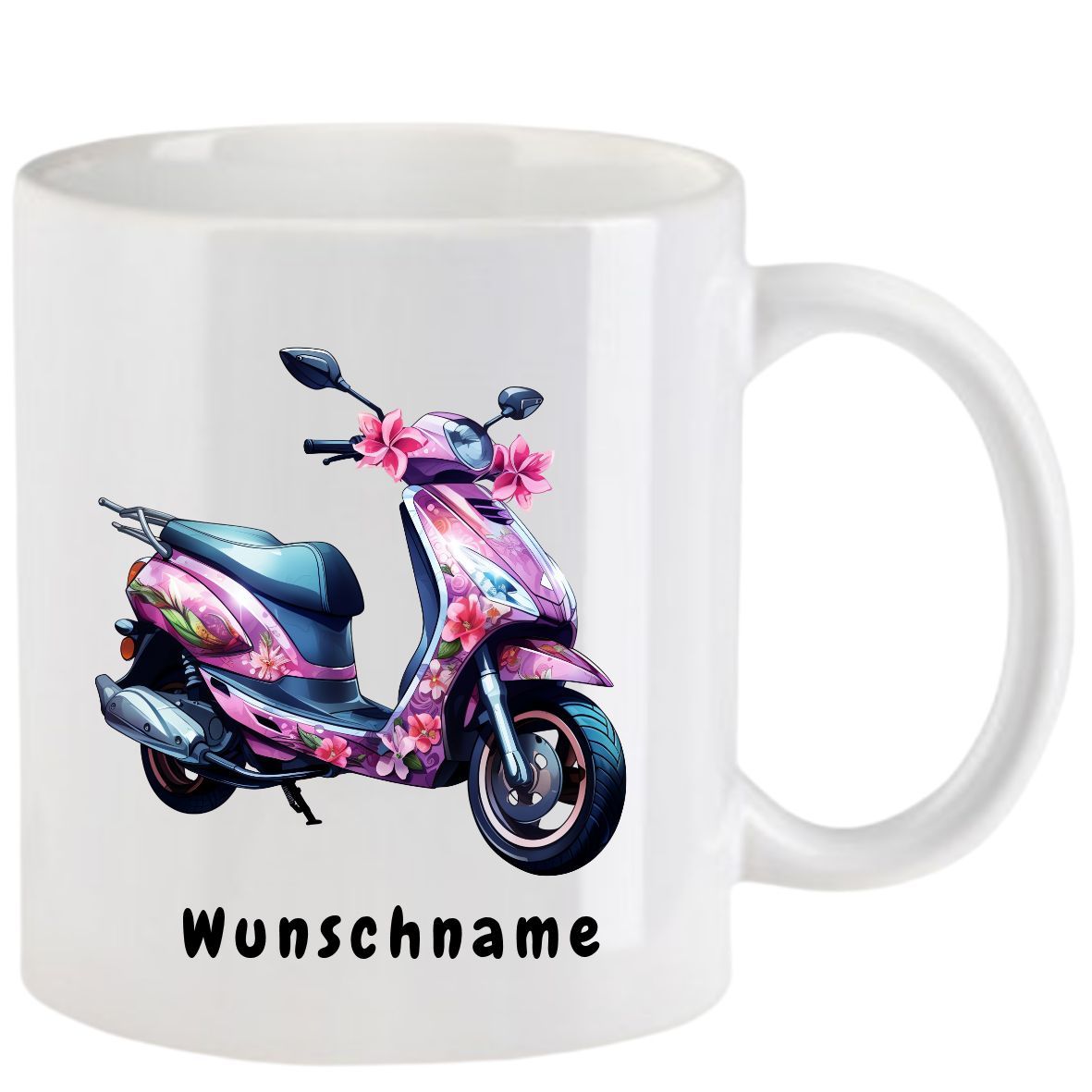 Weißer Becher mit rosa floralem Rollermotiv und dem Wort „Wunschname“ darunter.