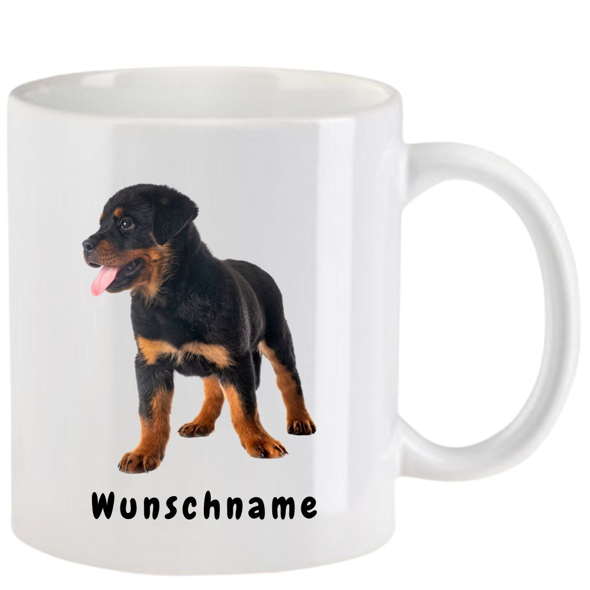 Weißer Becher mit einem Rottweilerwelpen und dem Wort „Wunschname“.