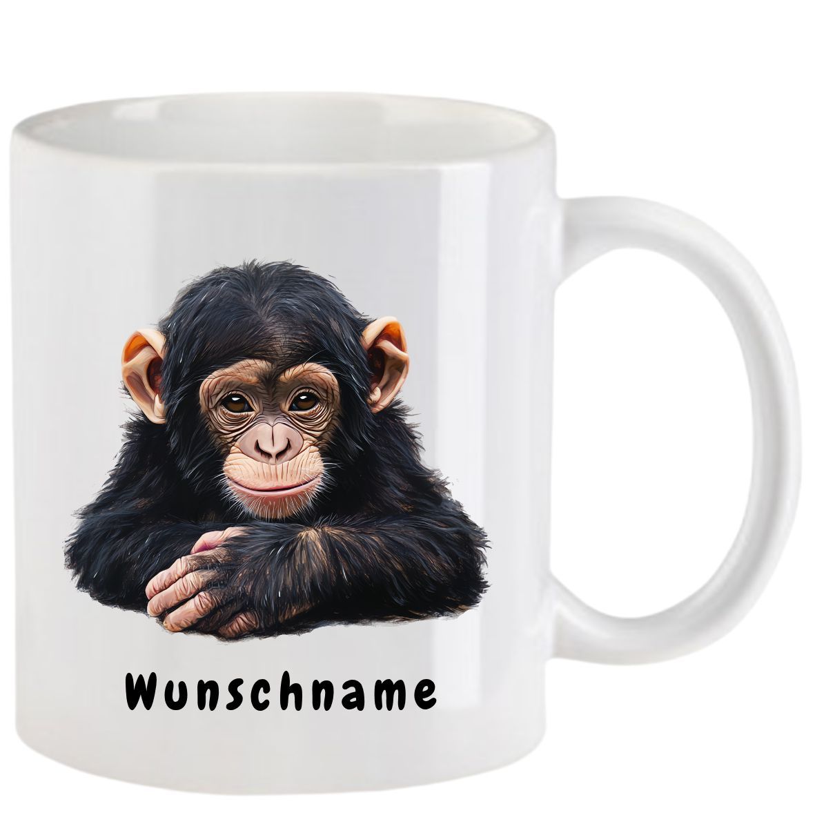 Weißer Becher mit Schimpansenmotiv und dem Schriftzug „Wunschname“.