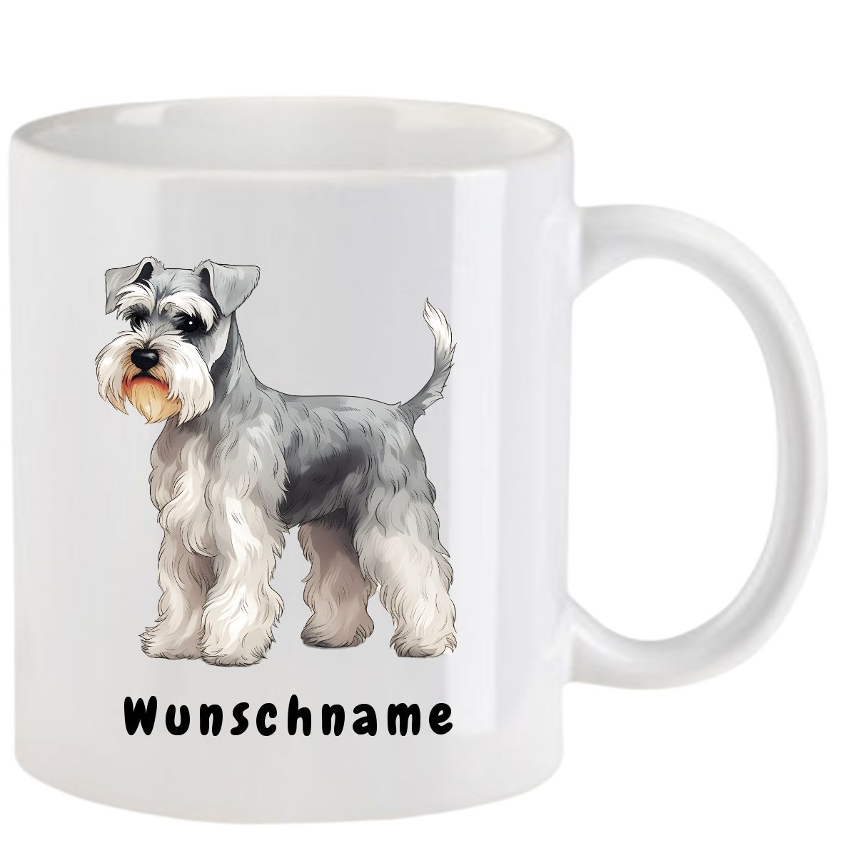 Weißer Becher mit einer Schnauzer-Illustration und dem Wort „Wunschname“ am Boden.
