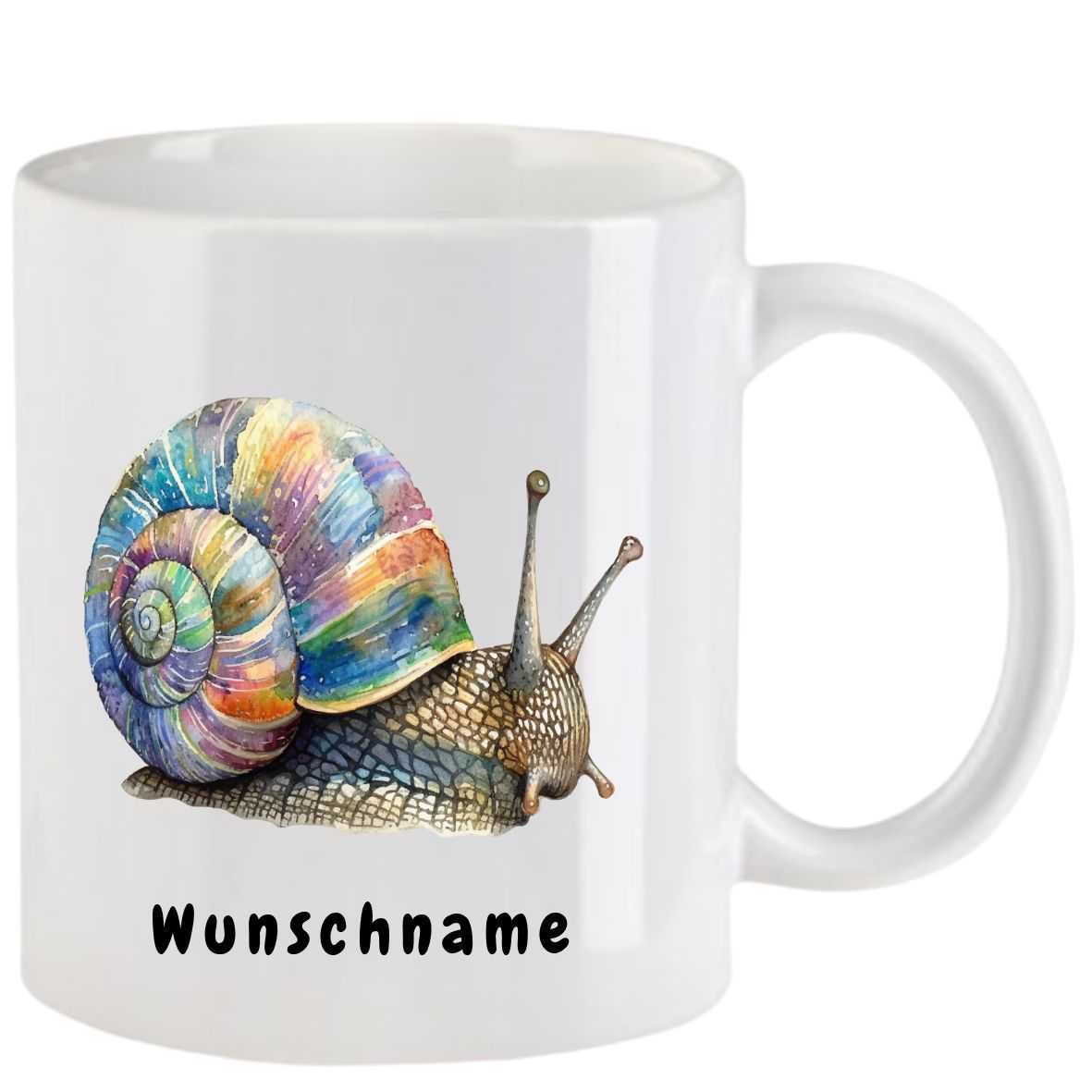 Weißer Kaffeebecher mit einer bunten Schneckengrafik und dem deutschen Wort „Wunschname“.