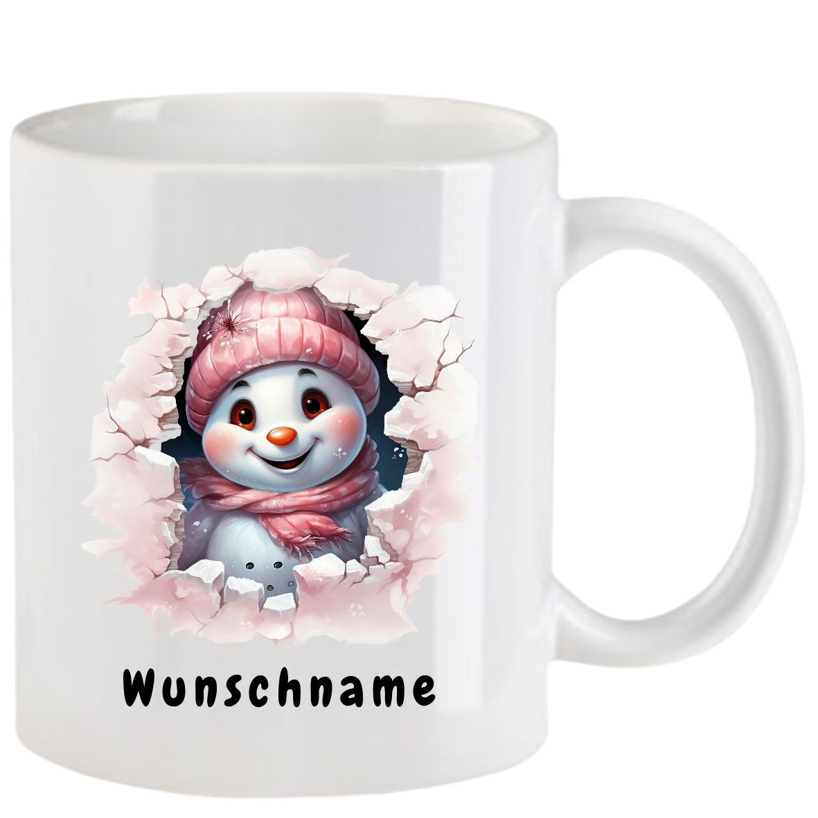 Weißer Becher mit einem lächelnden Schneemann, der einen rosa Hut und Schal trägt. Unten steht „Wunschname“.