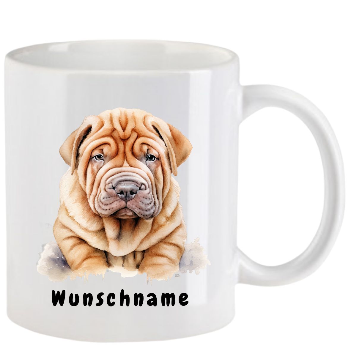 Weißer Becher mit dem Bild eines Shar-Pei-Welpen; unten steht „Wunschname“.