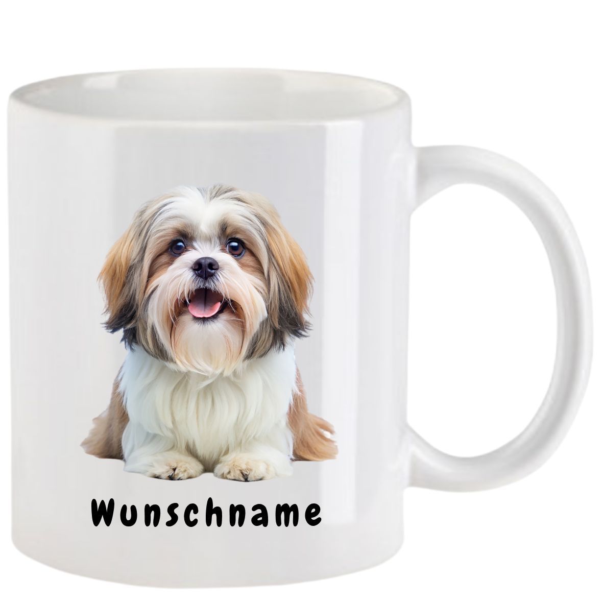 Weißer Becher mit einem lächelnden Shih Tzu-Hund; darunter steht „Wunschname“.