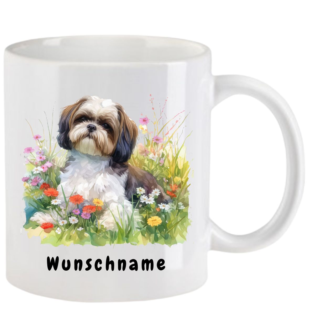Weißer Becher mit Aquarellmalerei eines Shih Tzu-Hundes in einem Blumenfeld; Text: Wunschname.