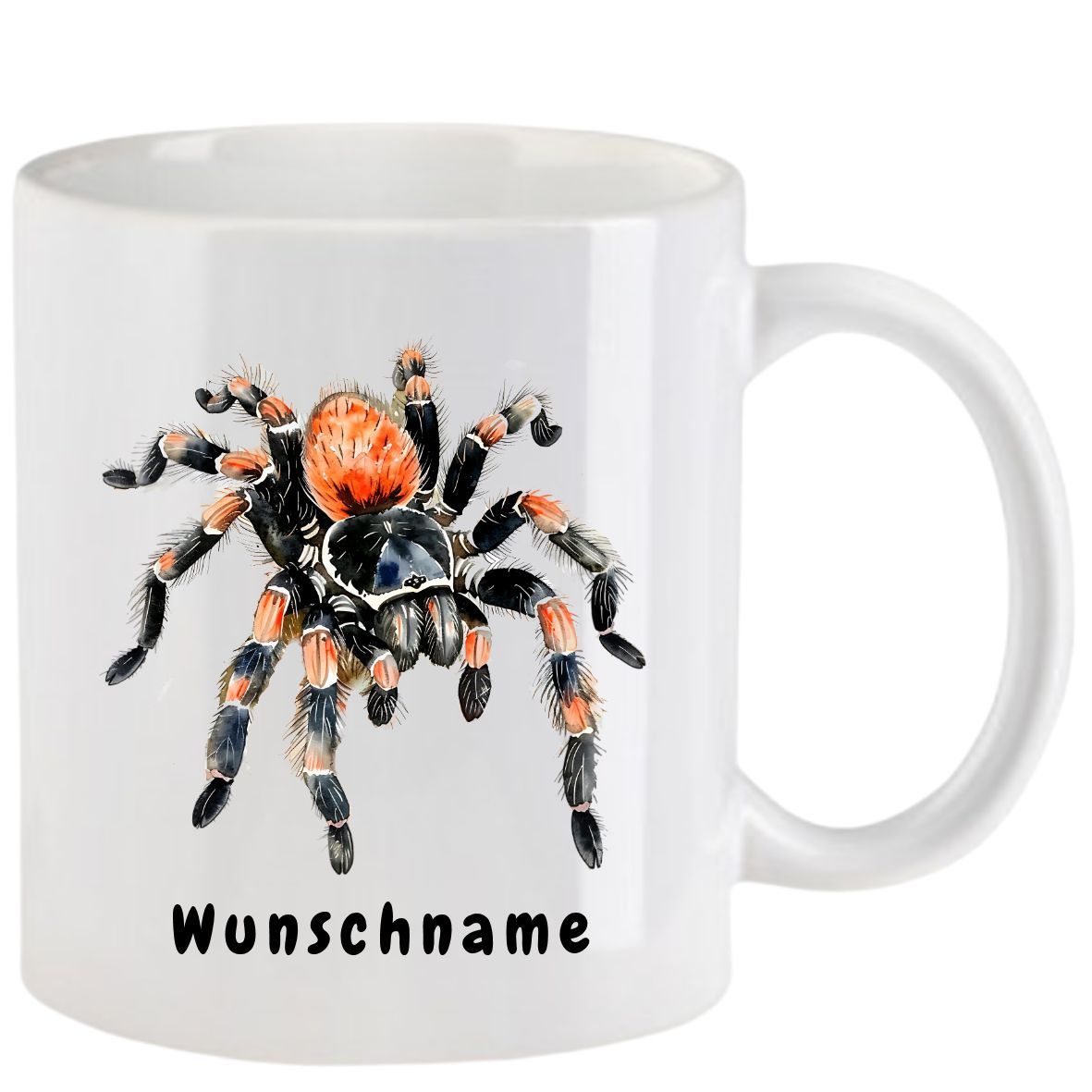 Weißer Becher mit einer Tarantel-Illustration und dem deutschen Wort „Wunschname“.