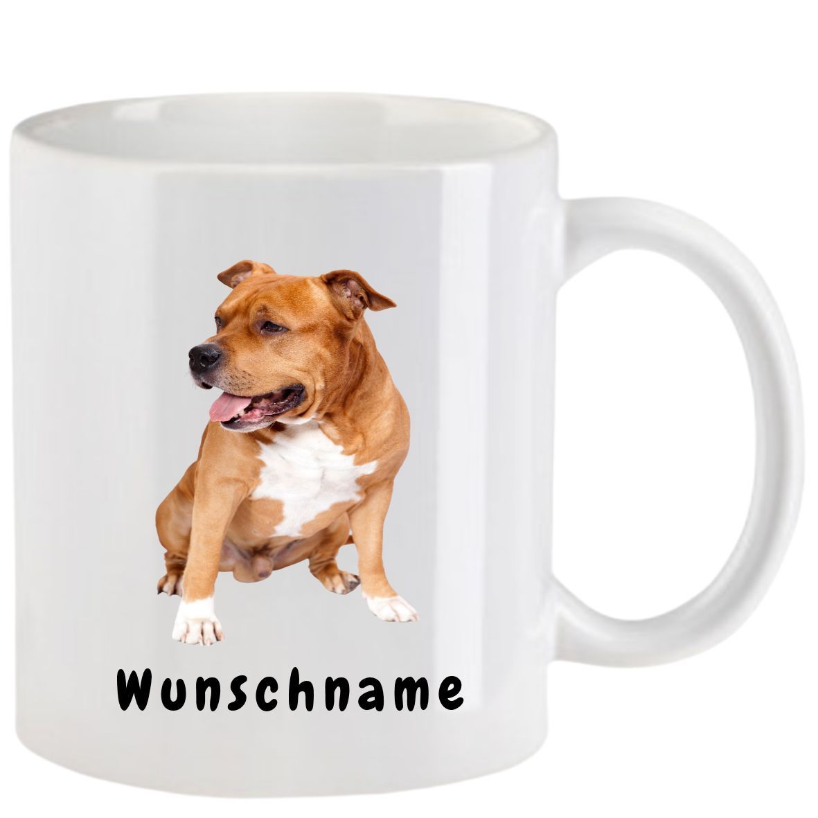 Weiße Kaffeetasse mit einem braun-weißen Hund; unten steht „Wunschname“.