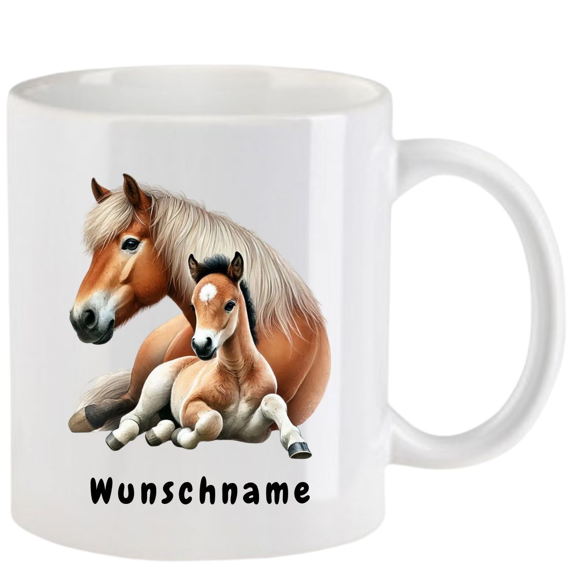 Weißer Becher mit Pferd und Fohlen. Aufschrift: „Wunschname“. Braune und beige Farben.