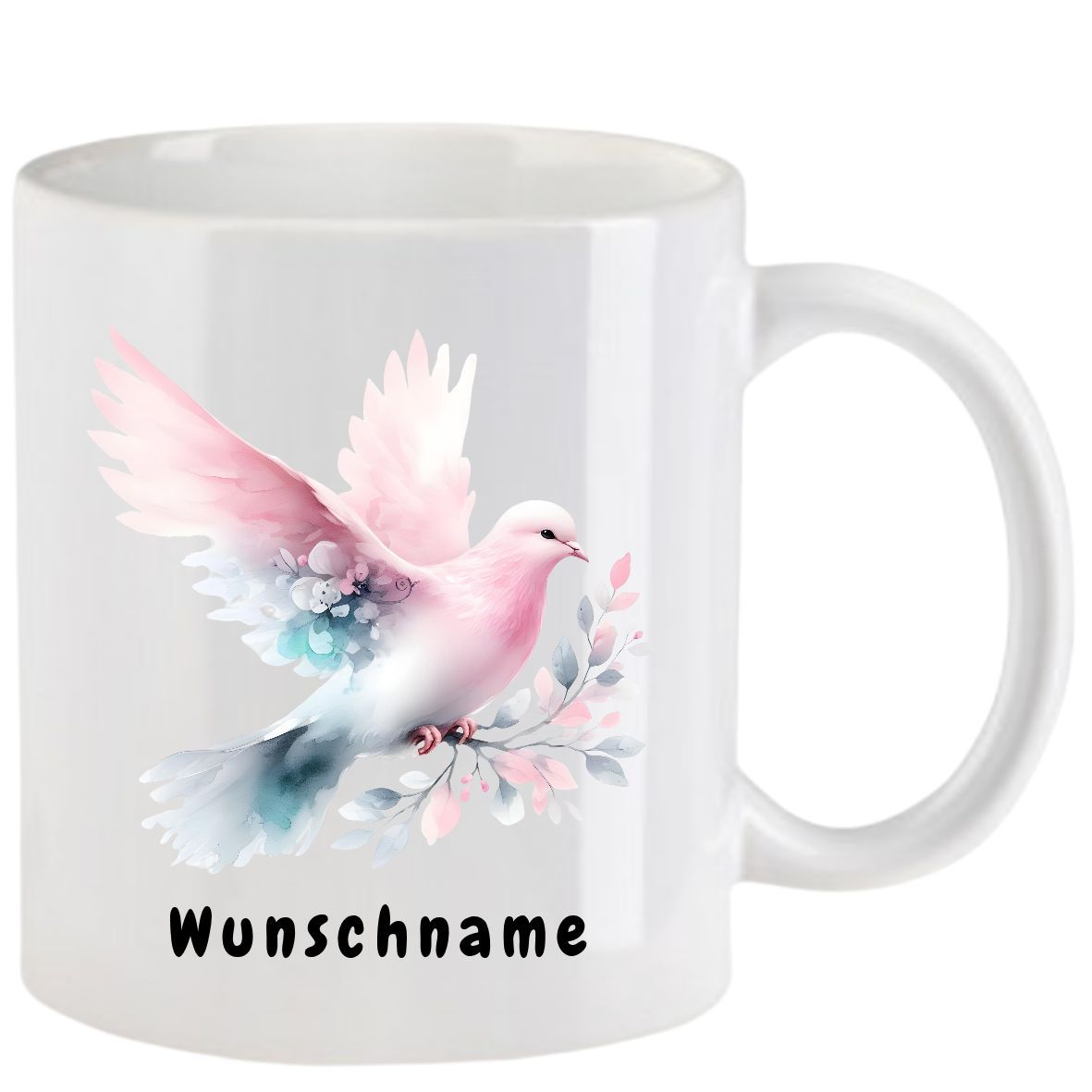 Weißer Becher mit einer rosa Taube, die einen Zweig hält, darunter der Text 