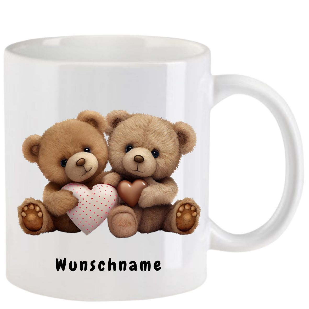 Weißer Becher mit zwei Teddybären, die Herzen halten, darunter der Text 