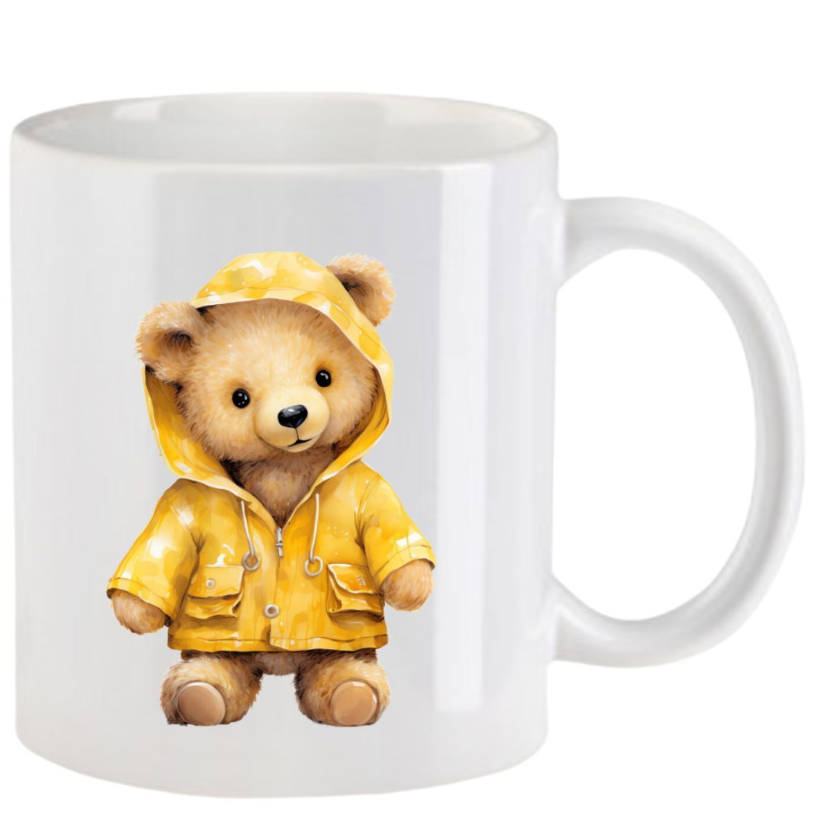 Weißer Becher mit einem Teddybären in einem gelben Regenmantel.