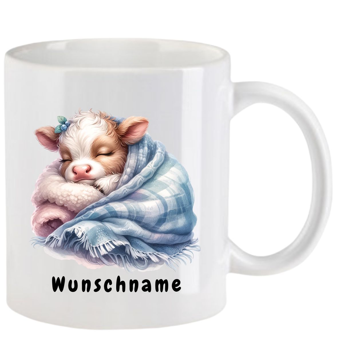 Weißer Becher mit einem schlafenden Kalb, das in eine blaue Decke gehüllt ist, und dem deutschen Wort „Wunschname“ am Boden.