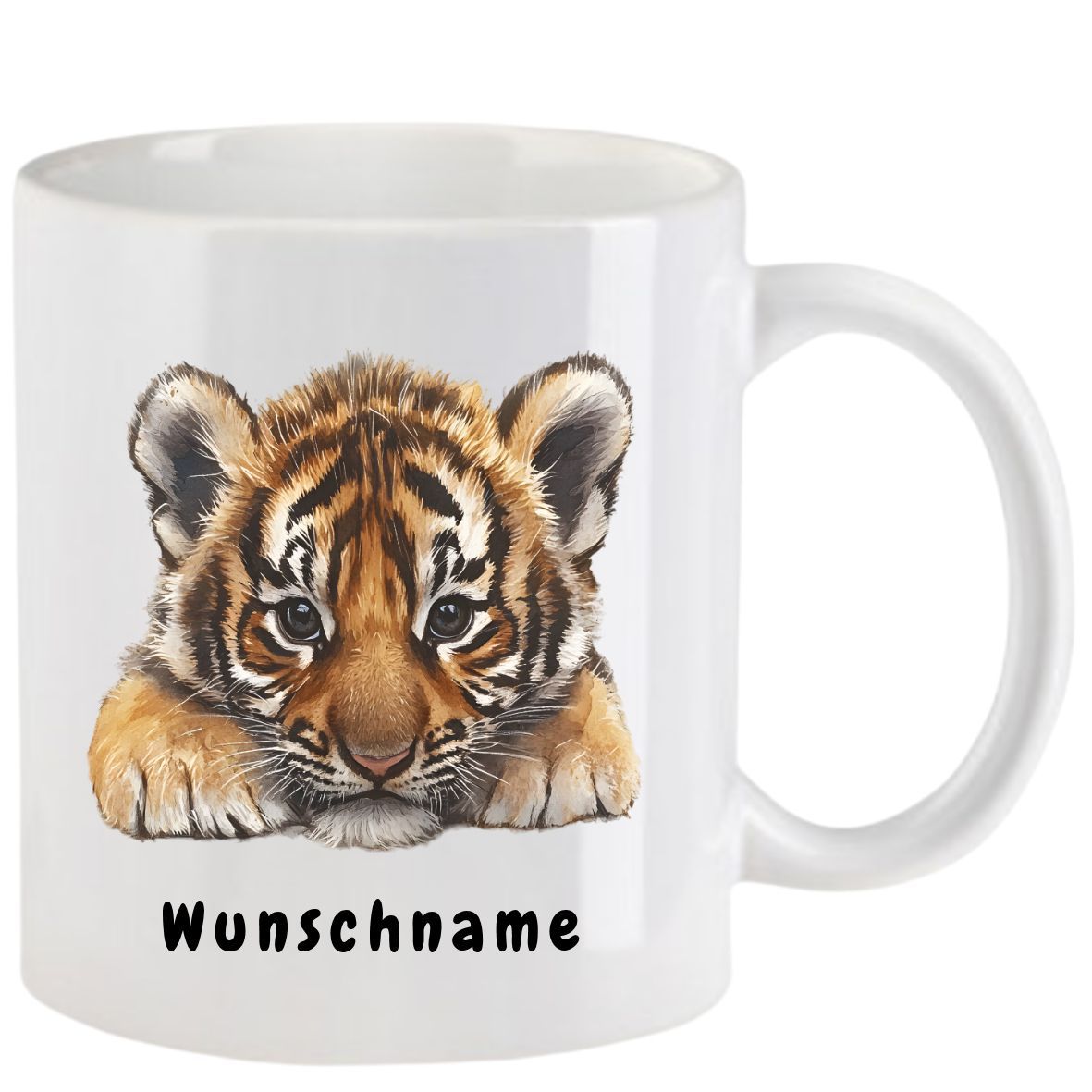 Weißer Becher mit dem Bild eines Tigerbabys und dem Schriftzug „Wunschname“.
