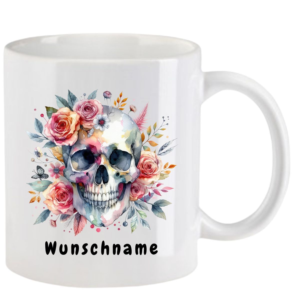 Weißer Kaffeebecher mit einem Totenkopf, umgeben von Aquarellblumen; Text 