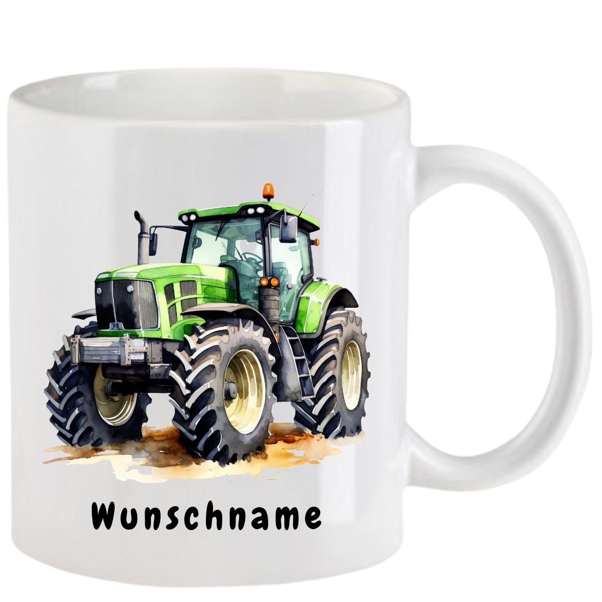 Weißer Kaffeebecher mit grüner Traktorabbildung und dem Schriftzug „Wunschname“.