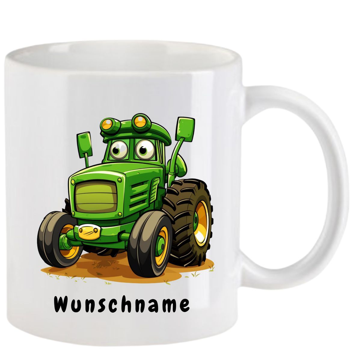Weißer Becher mit einem grünen Traktor im Cartoon-Stil; darunter steht „Wunschname“.