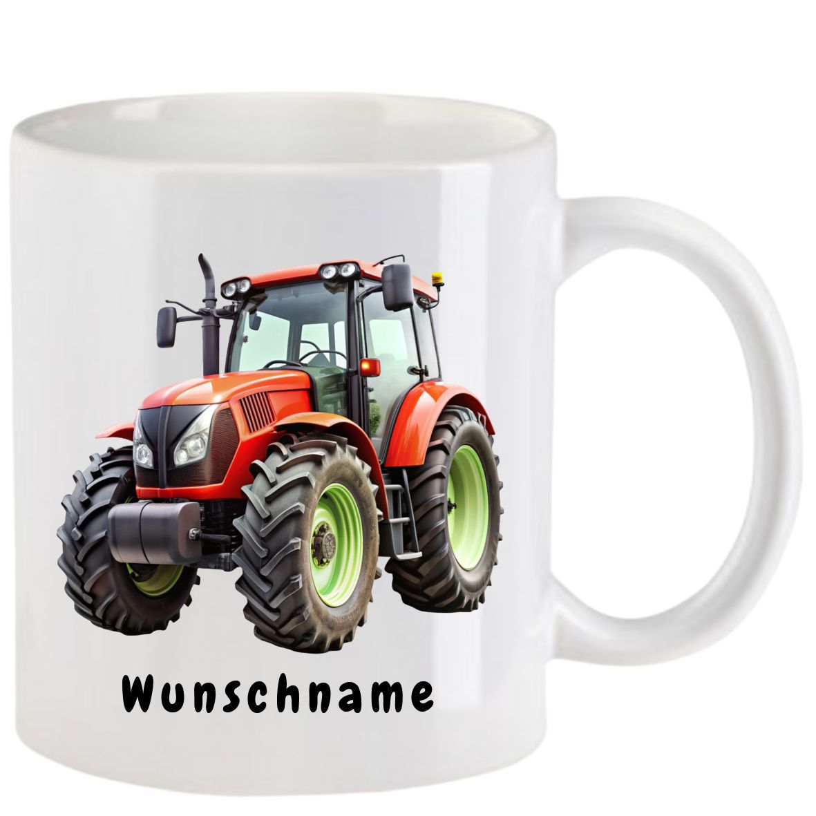 Weißer Becher mit einem roten Traktor und dem Wort 