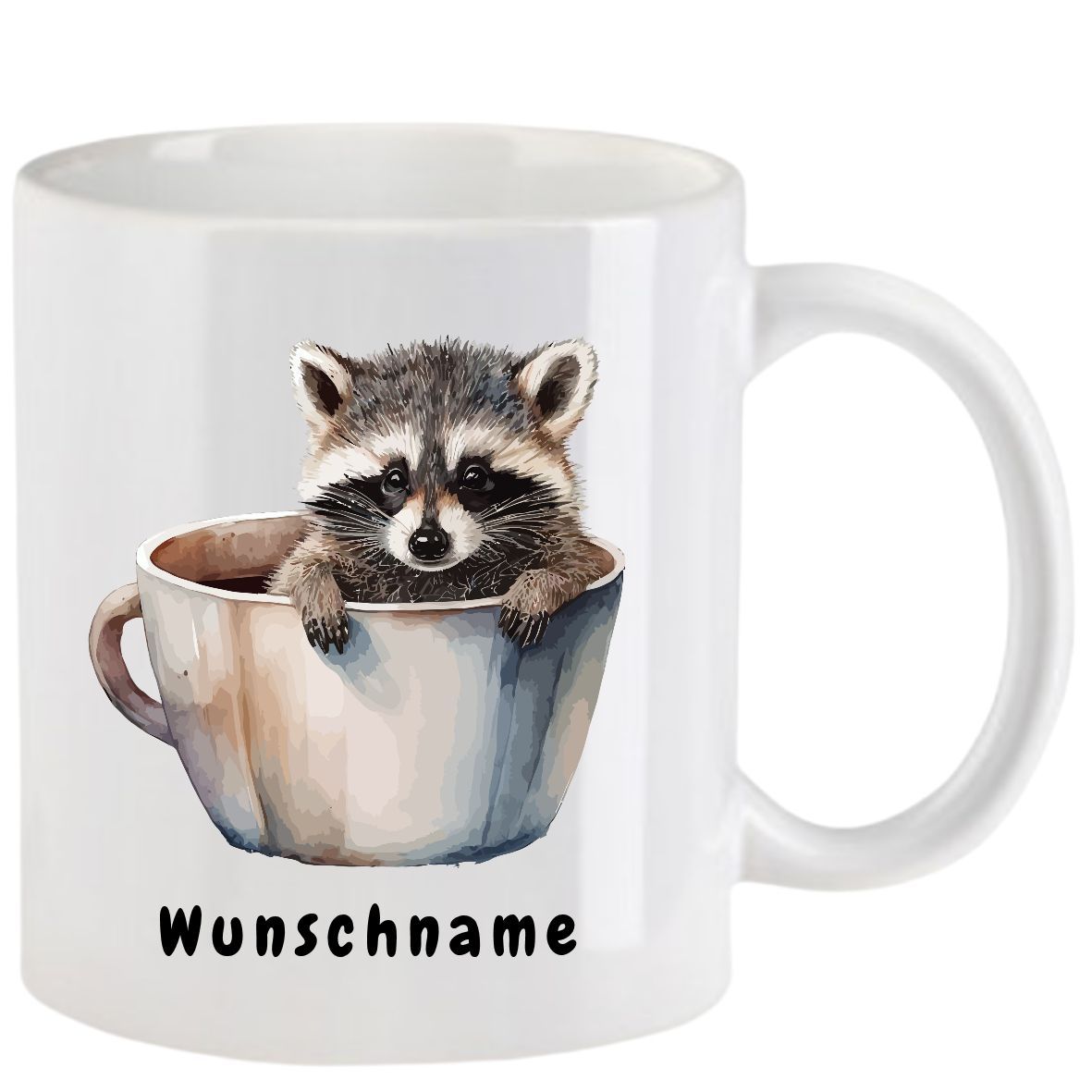 Weißer Becher mit einem Waschbären in einer Teetasse und dem Wort „Wunschname“.