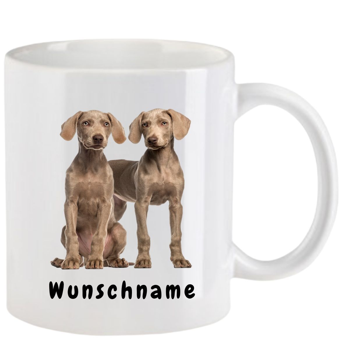 Weißer Becher mit zwei Weimaraner-Hunden und dem Wort „Wunschname“.