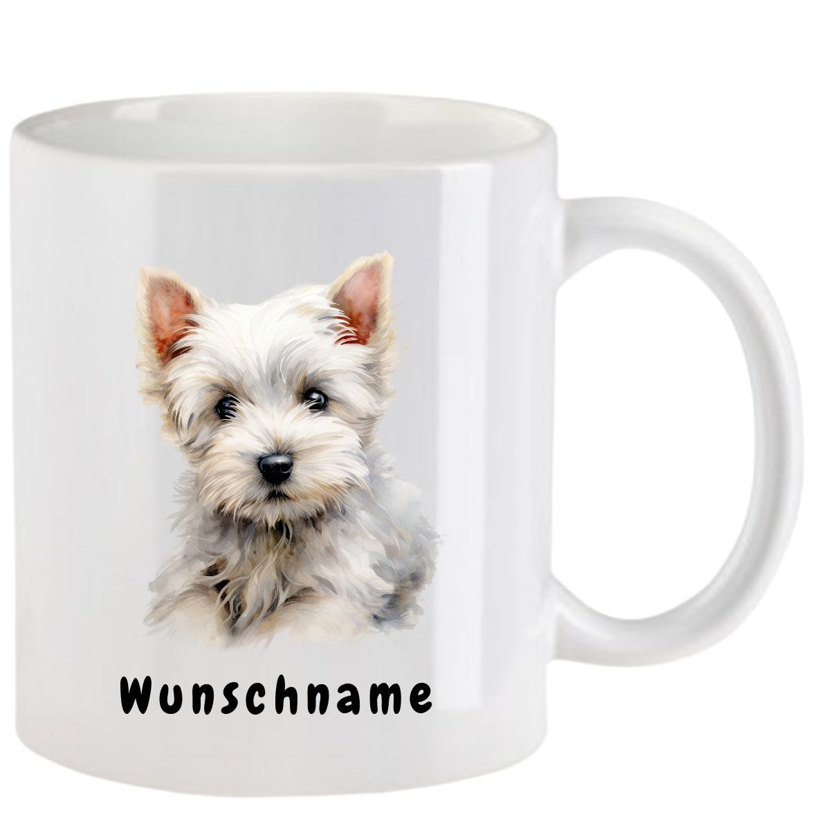 Weißer Keramikbecher mit einem West Highland White Terrier Welpen im Aquarellstil und dem Schriftzug „Wunschname“.