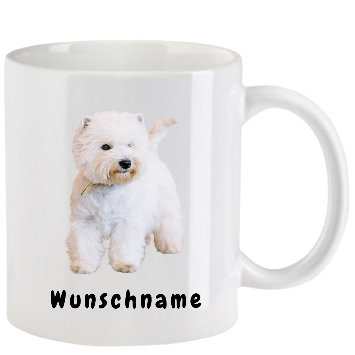 Weißer Becher mit einem West Highland White Terrier und dem Wort „Wunschname“.