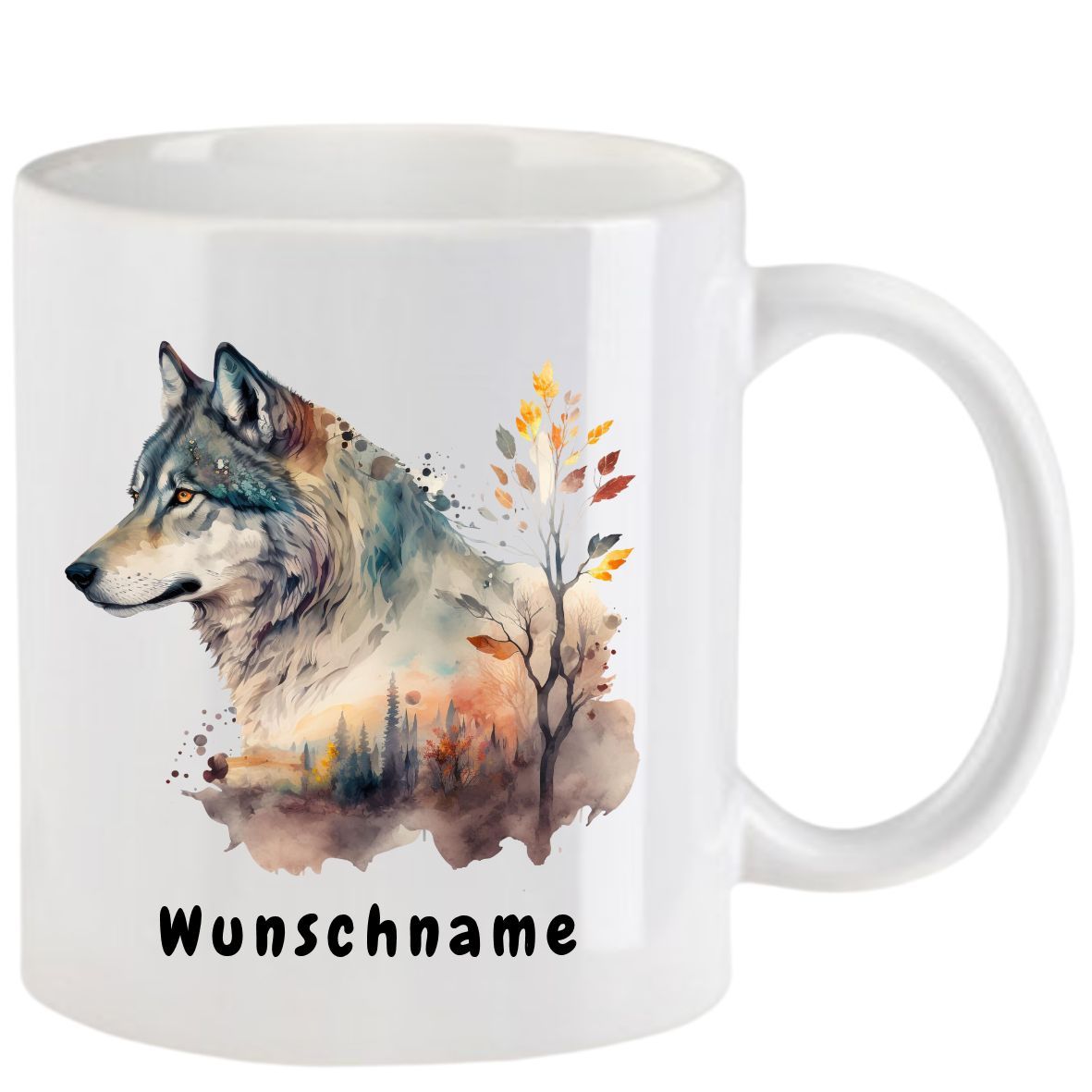 Weißer Becher mit Aquarellmotiv von Wolf und Wald, Schriftzug „Wunschname“.