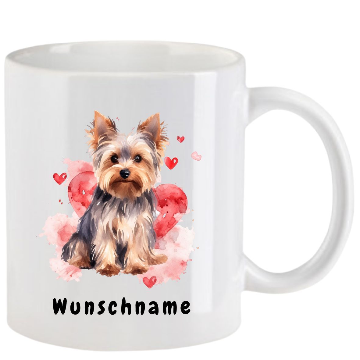 Weißer Becher mit Yorkshire Terrier und Herzen; Aufschrift „Wunschname“.
