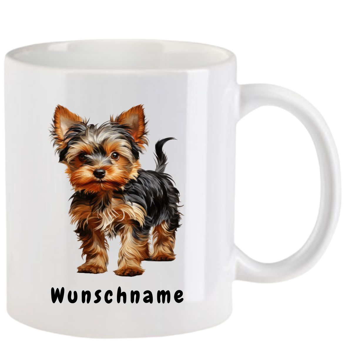 Weißer Becher mit einer Abbildung eines Yorkshire Terriers und dem deutschen Wort „Wunschname“.