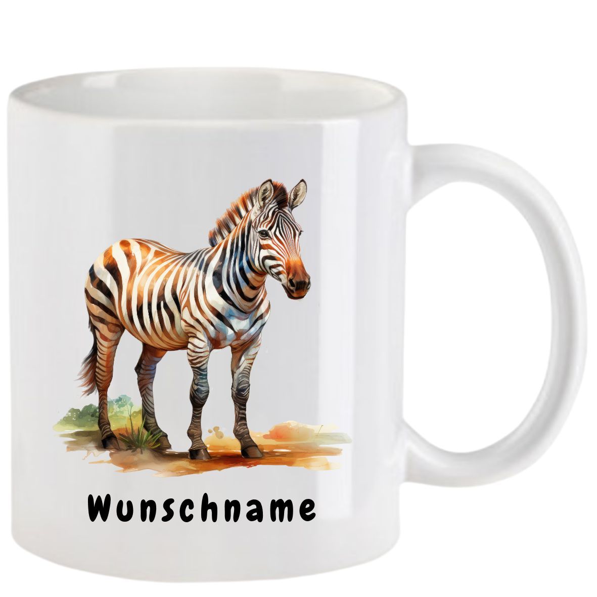 Weißer Becher mit einer Aquarellillustration eines Zebras und dem Wort „Wunschname“.