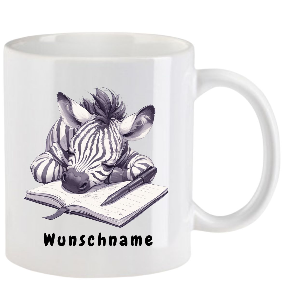 Weißer Becher mit einem Comic-Zebra, das seinen Kopf auf einem Notizbuch ablegt, darunter der Text „Wunschname“.