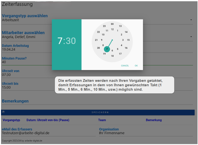 Die erfassten Zeiten werden nach Ihren Vorgaben getaktet, damit Erfassungen in dem von Ihnen gewünschten Takt (1 Min., 5 Min., 6 Min., 10 Min., usw.) möglich sind.