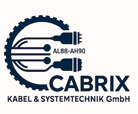CABRIX-Logo: Dunkelblaue Zahnräder und Kabel mit dem Schriftzug „KABEL & SYSTEMTECHNIK GmbH“.