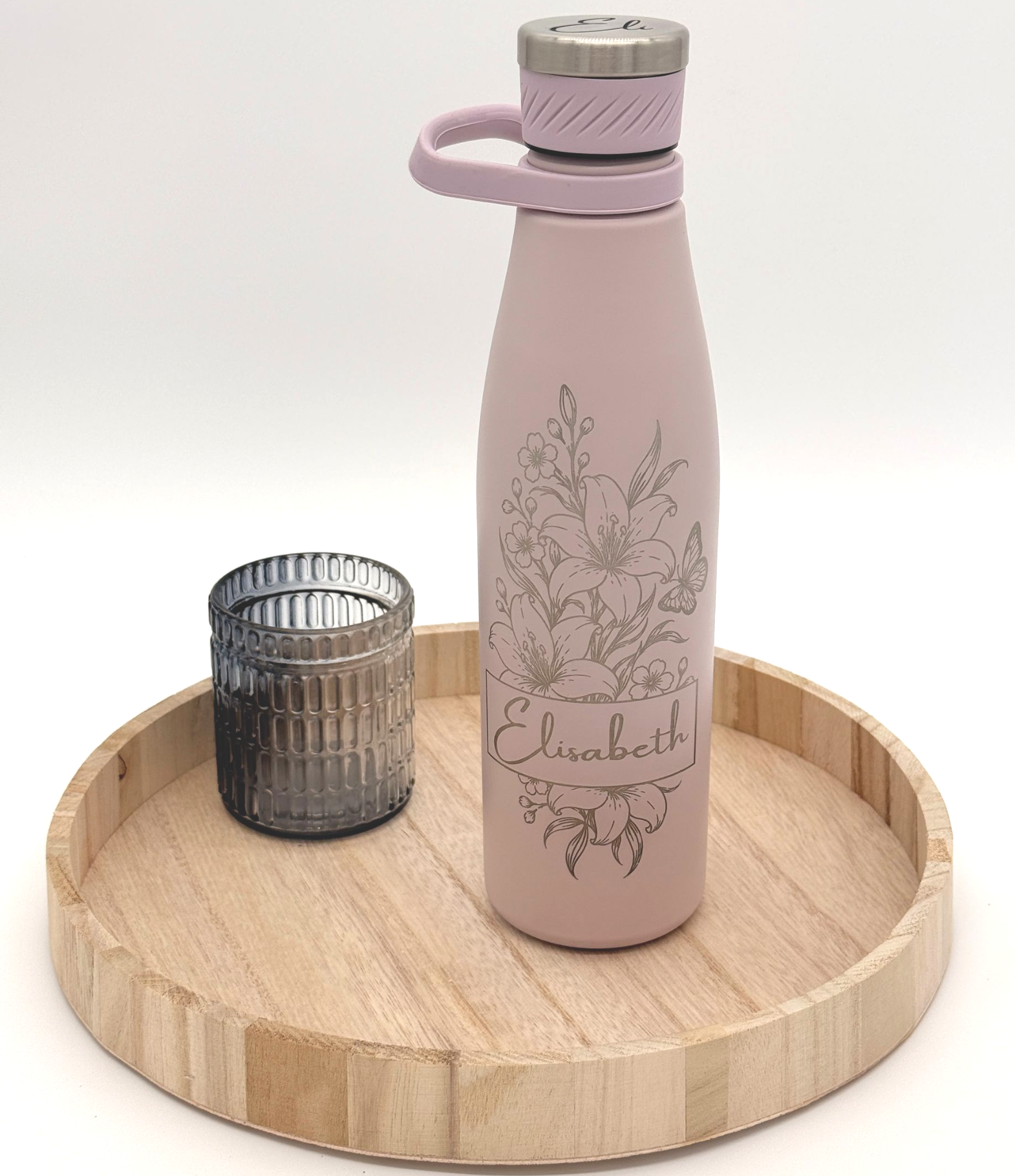 Trinkflasche mit Blumen-Motiv, gelasert
