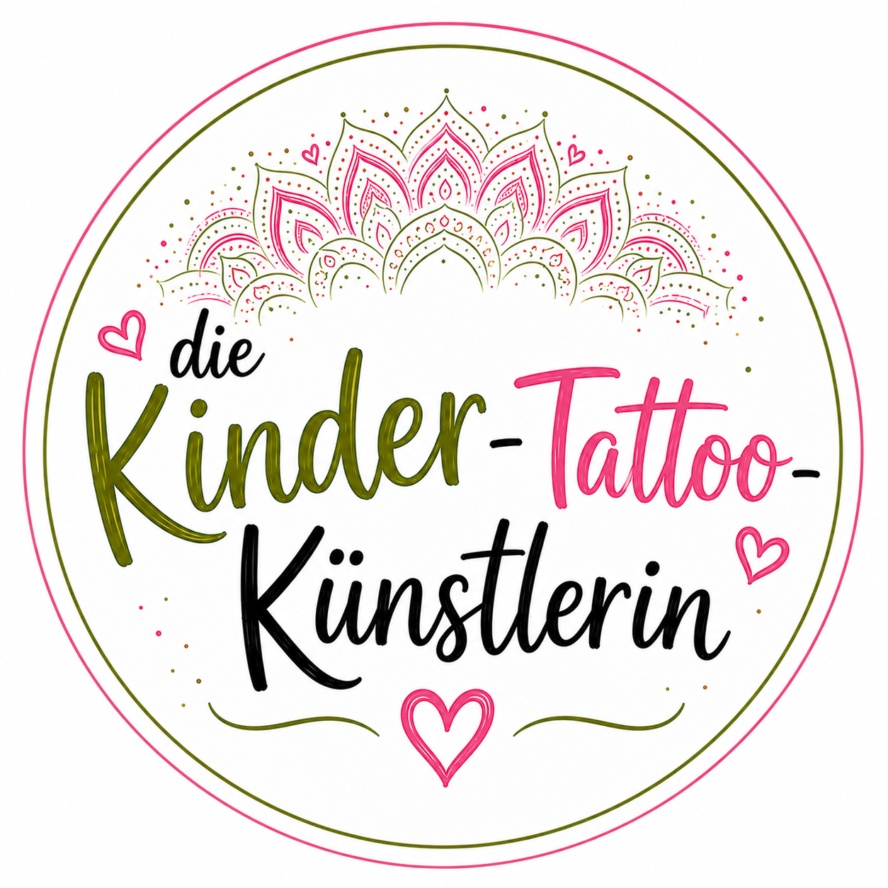 Logo mit rosa Lotusblume und Herz, mit der Aufschrift „die Kinder-Tattoo-Künstlerin“ in schwarzer, olivgrüner und rosa Schrift