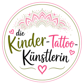 Logo mit „die Kinder-Tattoo-Künstlerin“ in Rosa, Schwarz und Olivgrün, mit Krone und Herzen in einem Kreis