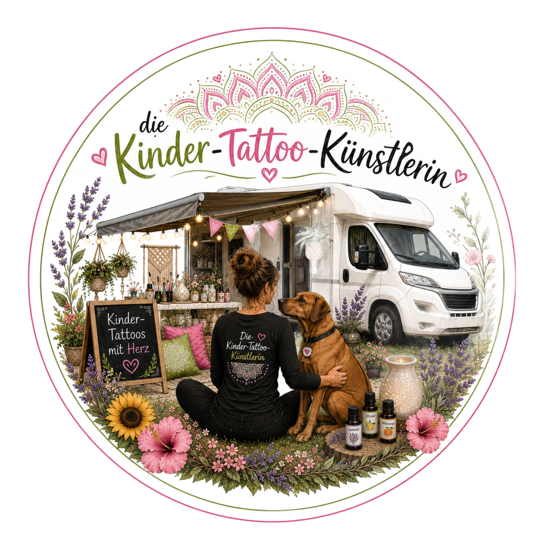 Hund und Kinder Tattoo Künstlerin neben einem weißen Lieferwagen, mit Blumen und dem Schriftzug „Kinder-Tattoo-Künstlerin“ in kreisförmiger Anordnung