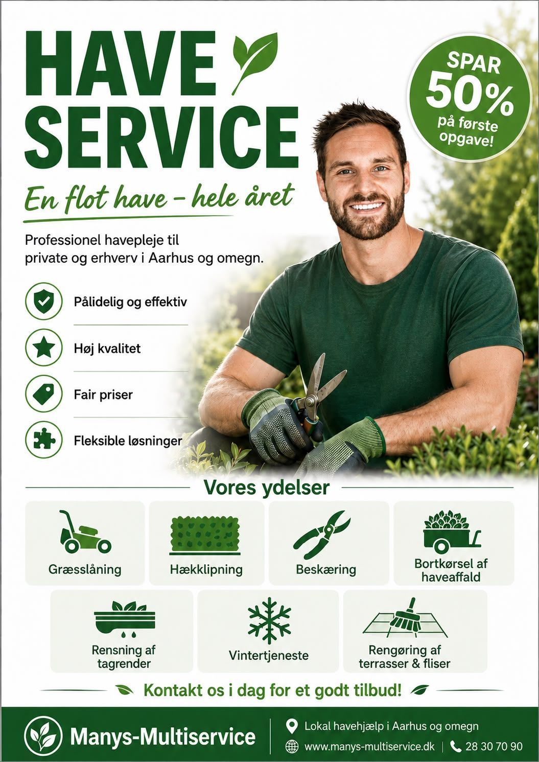 Professionel haveservice i Aarhus og omegn. Græsslåning, hækklipning, beskæring, haveaffald og meget mere. Kontakt Manys-Multiservice og få et uforpligtende tilbud
