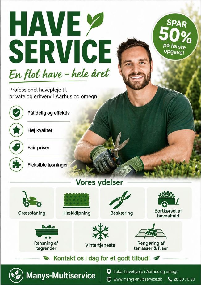 Professionel haveservice i Aarhus og omegn. Græsslåning, hækklipning, beskæring, haveaffald og meget mere. Kontakt Manys-Multiservice og få et uforpligtende tilbud