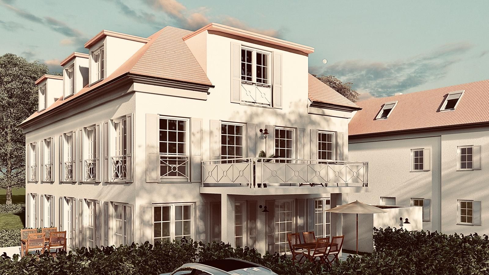 Zweistöckiges  Haus mit  Ziegeldach, Balkon und Fensterläden, neben einem Gebäude. Neubau Mehrfamilienhaus Bobingen, Familie