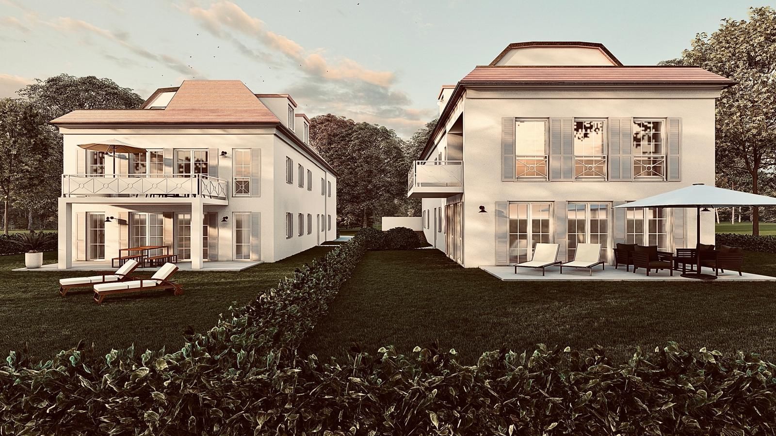 Zwei weiße Gebäude mit roten Dächern, Sitzgelegenheiten im Freien 