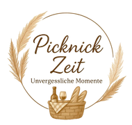 Logo: Brauner Kreis mit Text „Picknick Zeit“, Korb mit Lebensmitteln, Weizen, weißer Hintergrund.