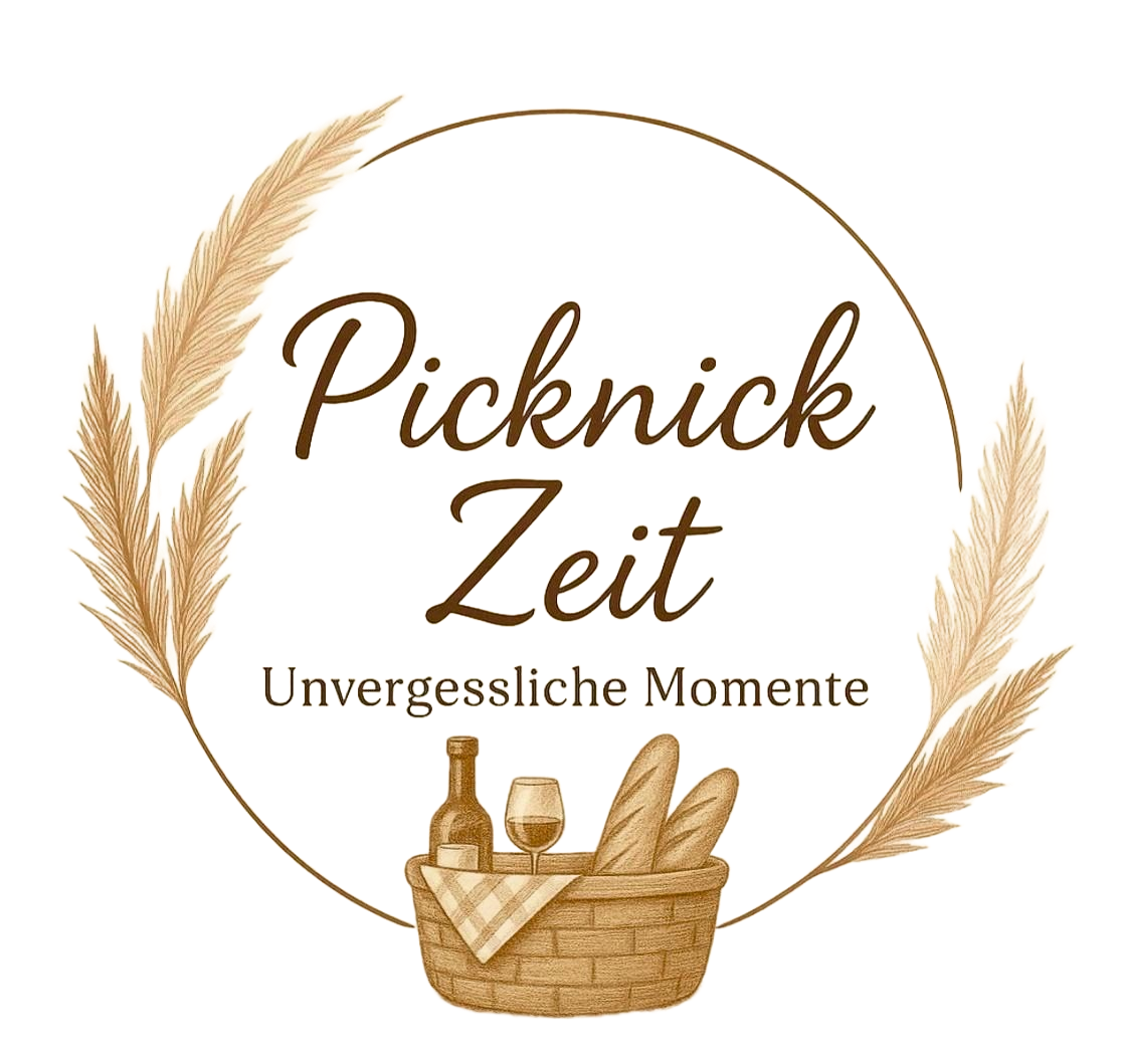 Logo: Brauner Kreis mit Text „Picknick Zeit“, Korb mit Lebensmitteln, Weizen, weißer Hintergrund.