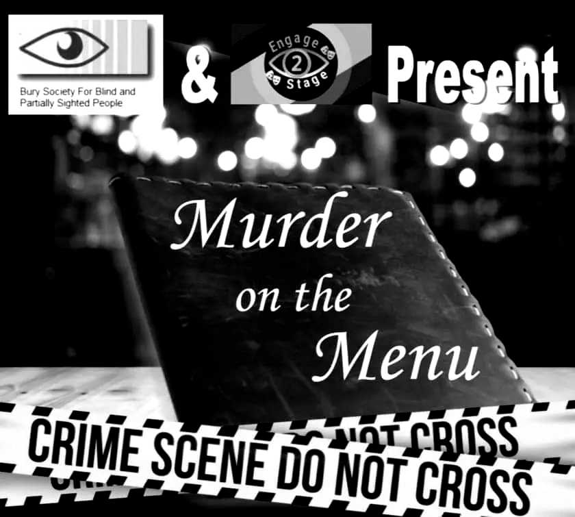 murder mystery poster captioned Murder on the Menu, crime scene tape and blood splatter