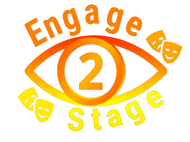 Engage2Stage Logo. Eye shaped logo that is coloured orange and yellow. The logo features two drama tragedy/comedy masks at top-right and bottom-left